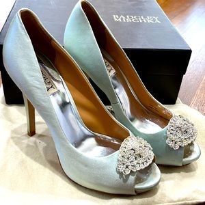 Badgley Mishka powder blue high heels with peep toe and large jeweled brooch
